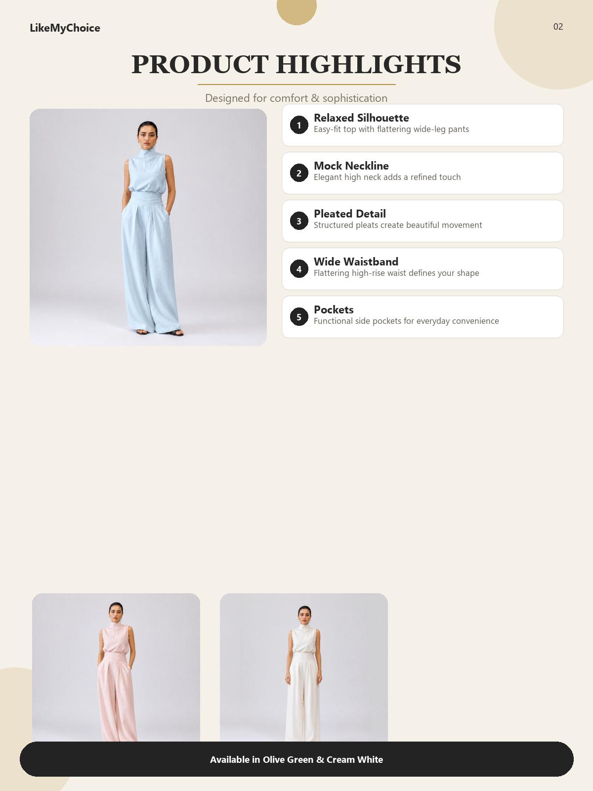 LikeMyChoice 2-Piece Elegant Set Chic Mock Neck Halter Top & High-Waisted Wide-Leg Pants | Trendy Old Money Aesthetic Outfit for Summer Vacation & Office Womenswear Clothes