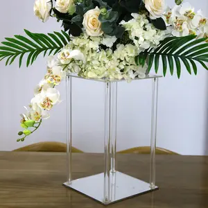 Acrylic Flower Vase Pillar Stand 16" Clear with Square Mirror Base - Decorative Wedding Table Centerpiece