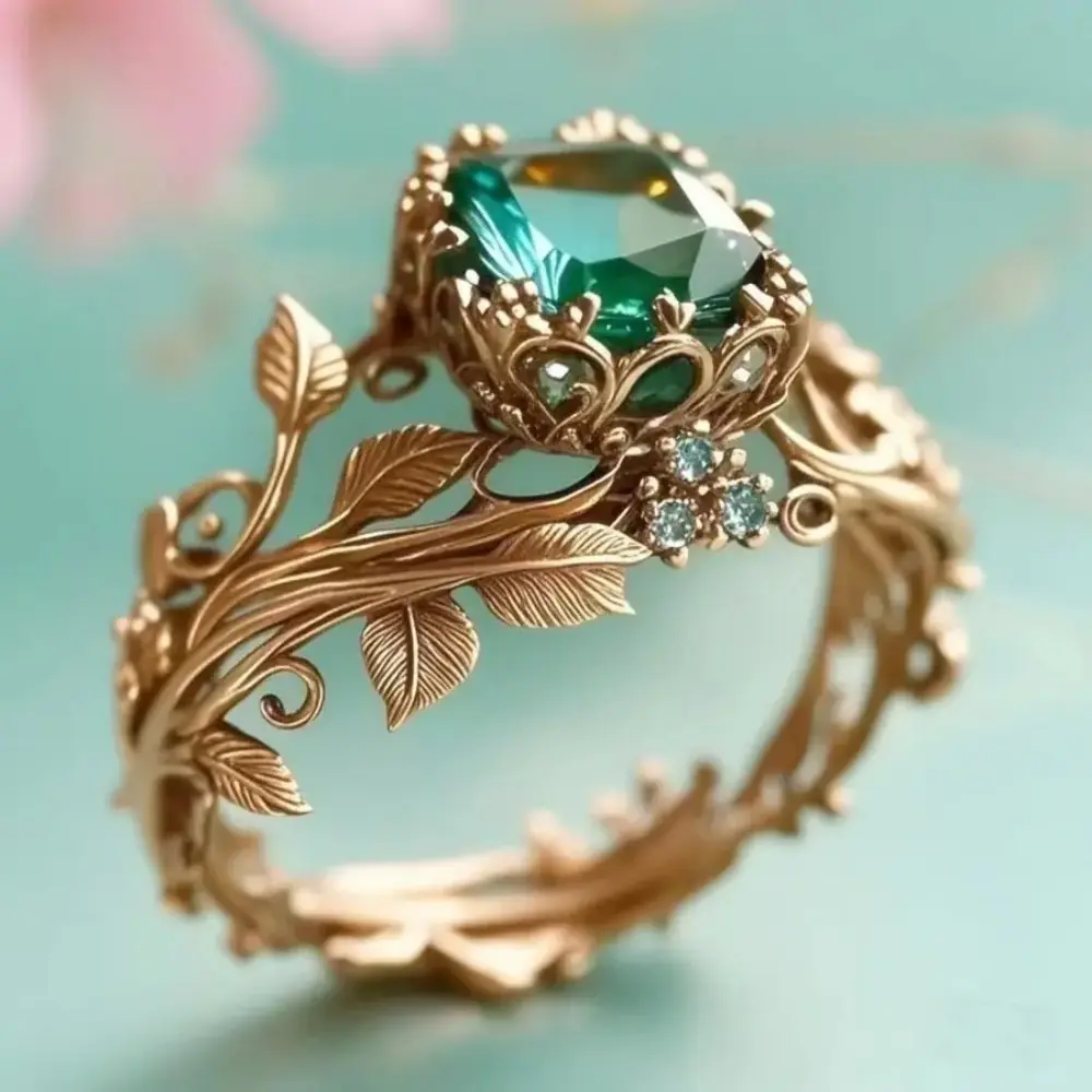 Ancient Totem Ring — Inlaid with Green Crystal, Vintage Leaf-and-Vine Design; Tribal-Style Aesthetic, Suitable for Both Men and Women; Ideal for Cosplay and Everyday Wear.