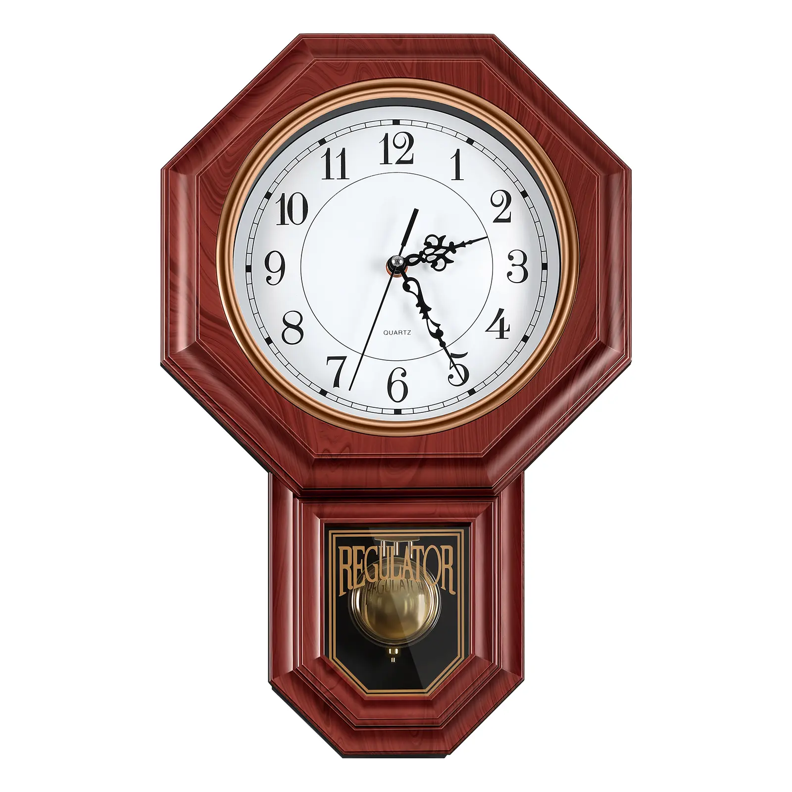 Vintage Octagonal Pendulum Wall Clock - Decorative Farmhouse Home Decor, Imitation Wood Grain Quartz Regulator Clock, Silent Non-Ticking, Large Numerals for Living Room Bedroom Indoor Use