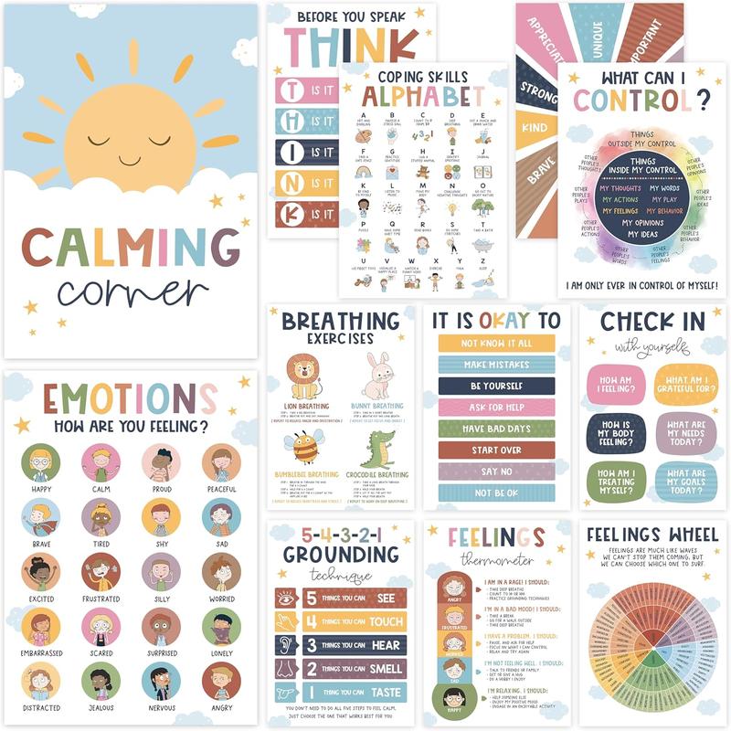 Calming Corner Classroom Posters 12 Pcs 8x10 Inches, Mental Health Therapy Office Decor for Kids Toddler, Emotional Intelligence, Big Feelings, Visual Learning Tools, Teaching Supplies, School Supplies