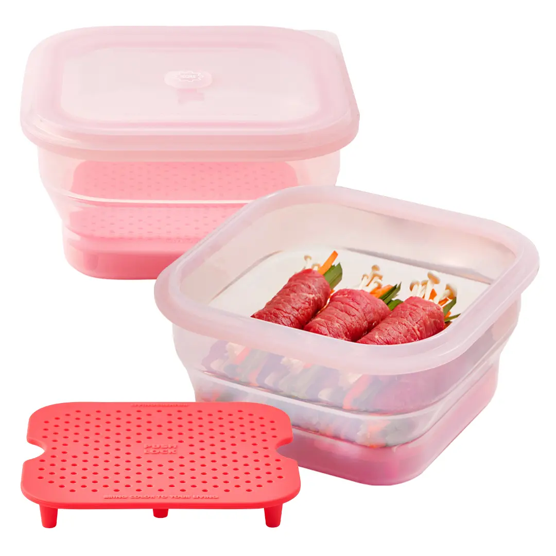 PushLock Collapsible Food Storage Container&Smart Cooking Steam Tray, Space-Saving, Platinum Silicone, Microwave&Freezer&Dishwasher Safe, for Cooking&Leftovers, BPA-Free, 60oz per Unit, 4 Color