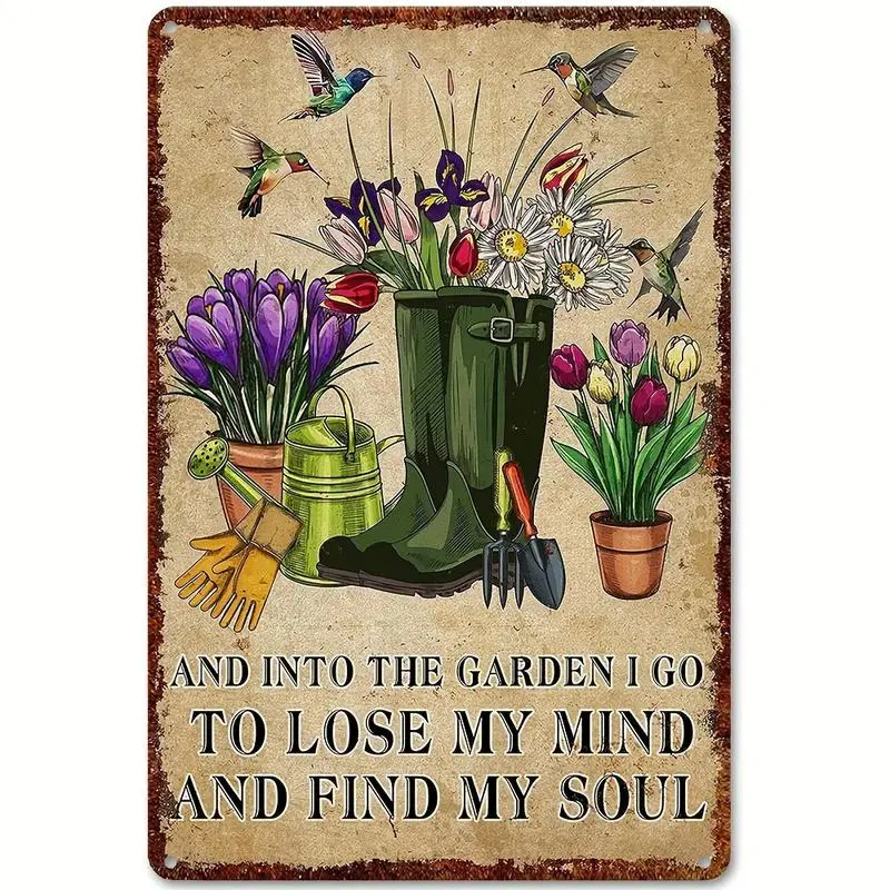 Vintage Garden Welcome Yard Sign 8x12 Inch Aluminum Wall Hanging Decorative Plaque with Colorful Flowers Boots and Birds Perfect for Outdoor Garden Decor Christmas or Housewarming Gift Home Decor Products
