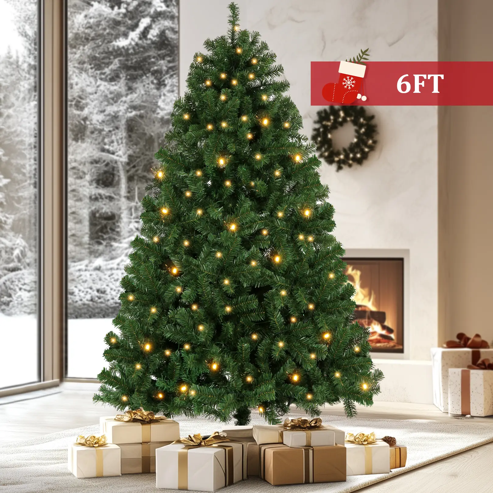 6FT Pre-Lit Artificial Christmas Tree, PVC Evergreen with 756 Branch Tips, Green - Easy Assembly, Sturdy Base, Perfect for Home, Office, and Holiday D