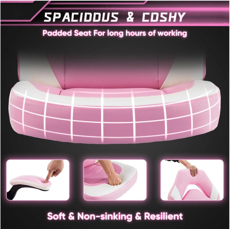 Ergonomic PU Leather Computer Gaming Chair, Adjustable Swivel Racing Chair with Flip-up Armrest, Pink White