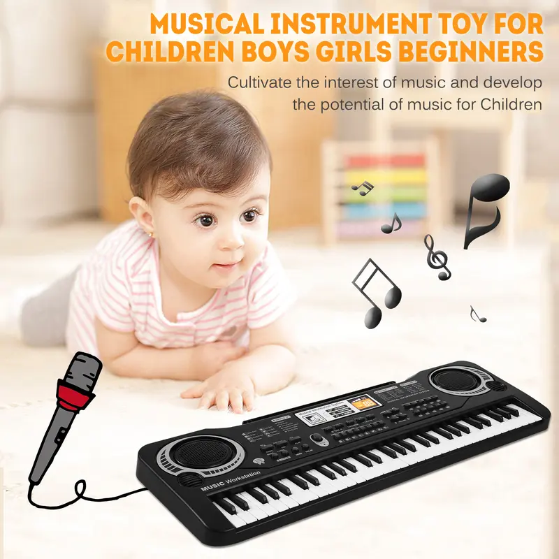 Kids' 61-Key Multifunction Organ Toy, USB & Battery-Powered Electronic Organ with Microphone, 16 Tones, 10 Rhythms, 6 Demo Songs, 2 Stereo Speakers, Tempo Control, Drum Mode, AA Batteries, Intelligence Development Toy, 540*170*53mm
