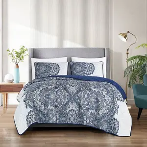 3-Piece Lightweight Reversible Navy Medallion Quilt Bedspread Set with Flat Weave Design and All-Season Comfort for Queen or King Size