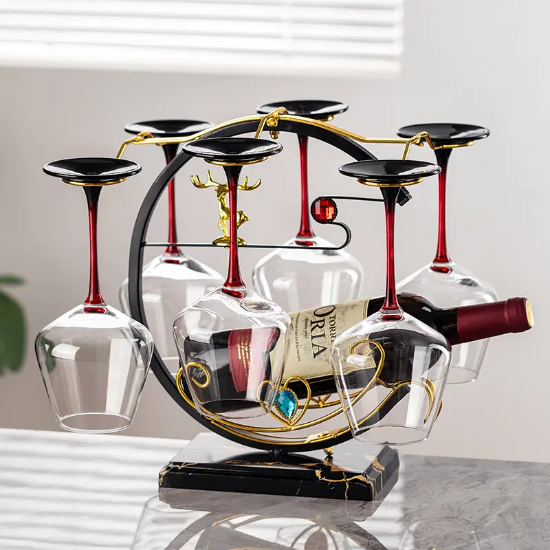 Metal Single Wine Bottle Holder with 6 Goblet Holders, Stylish Home Storage Rack for Table or Dining Area, Ideal Wine Gift, Elegant
