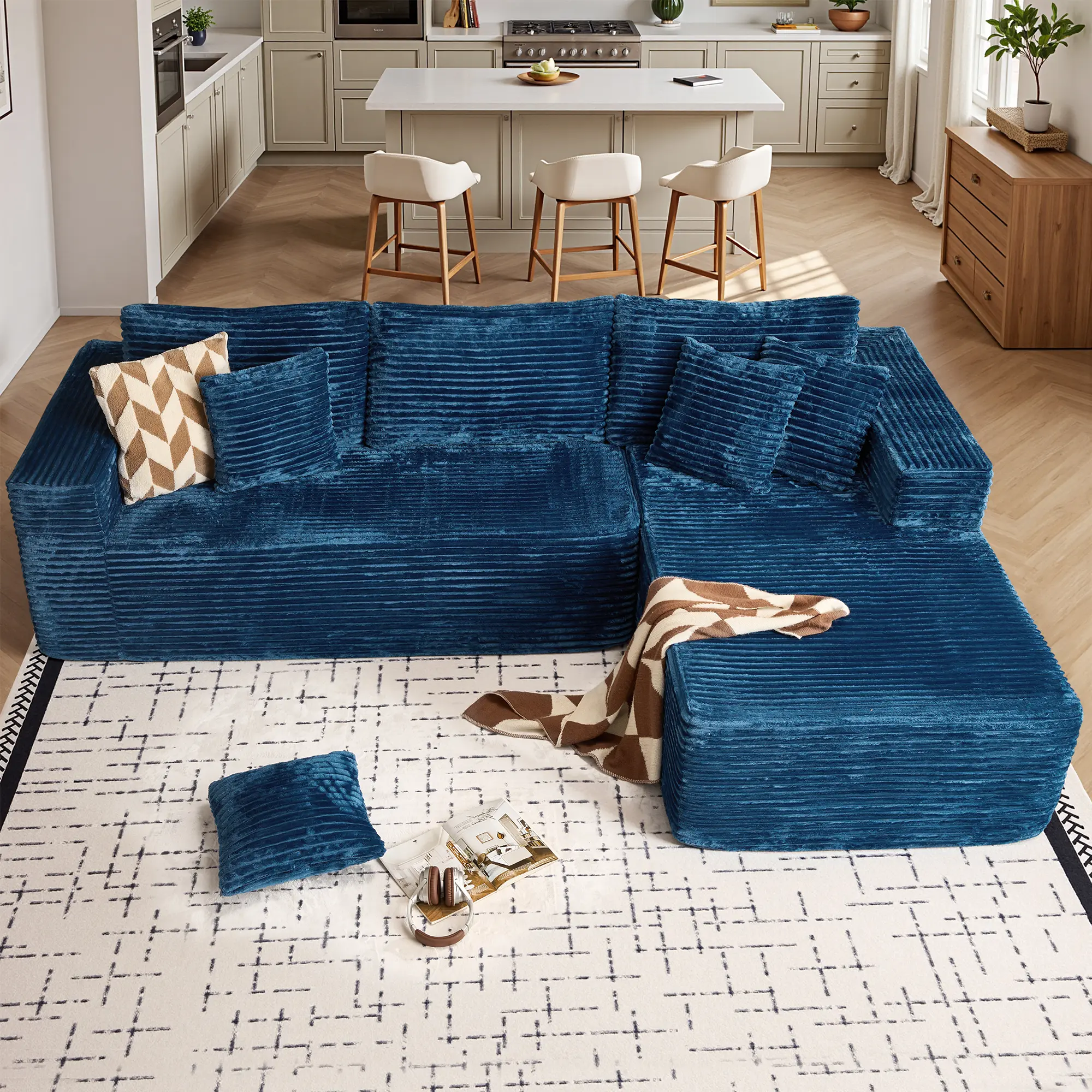 108" Blue L Shape Sofa Right Chaise