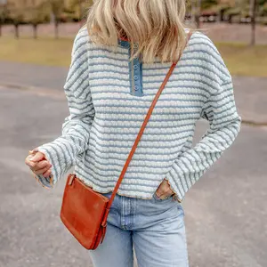 Sky Blue Stripe Textured Frilly Trim Buttons Henley Long Sleeve Top
