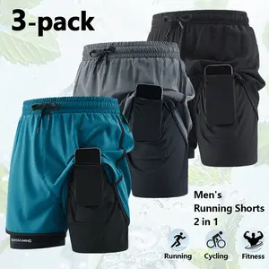 3-pack Men's 2-in-1 Running Shorts with built-in liner, breathable quick-dry fabric, and pockets; a 3-pack designed specifically for men, suitable for fitness, running, basketball, tennis, and multi-purpose use.