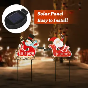 2pcs Solar Metal Christmas Decoration Stakes, Santa Sleigh, Snowman Sleigh, Outdoor Christmas Decorations with LED Lights (2 Modes), Suitable for Porch, Lawn, and Garden