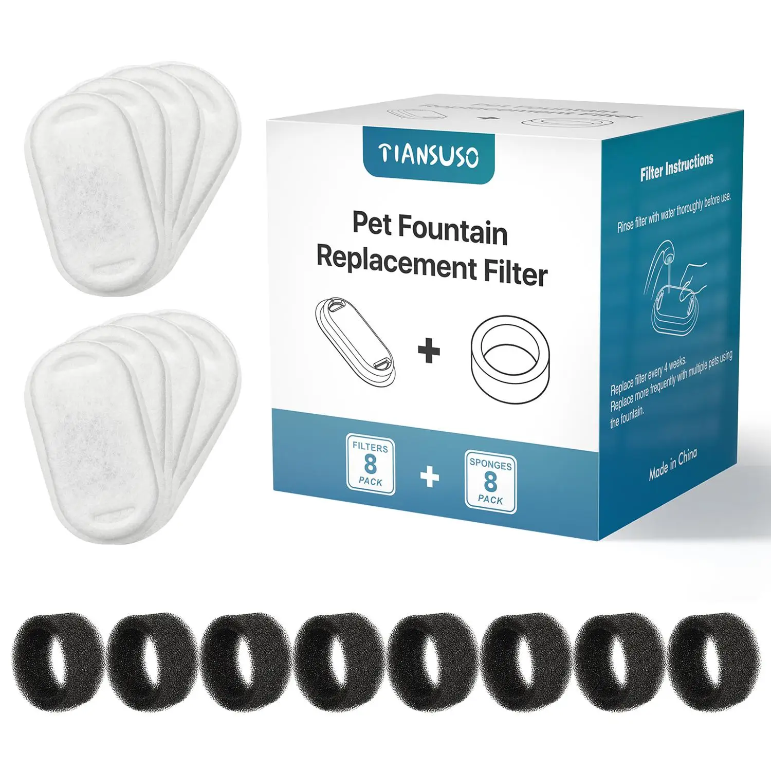 Cat Water Fountain Filters, 8 Pack Replacement Filters & 8 Sponges for TIANSUSO 108oz/3.2L Pet Water Fountain, 4 Months Set of Pet Fountain Filters