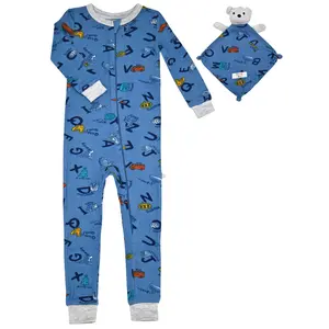 Sleep On It Infant Boys Long Sleeve Super Soft Snuggle Jersey Zip-Up Coverall Pajama with Matching Blankey Buddy - Alphabet baby  onesies