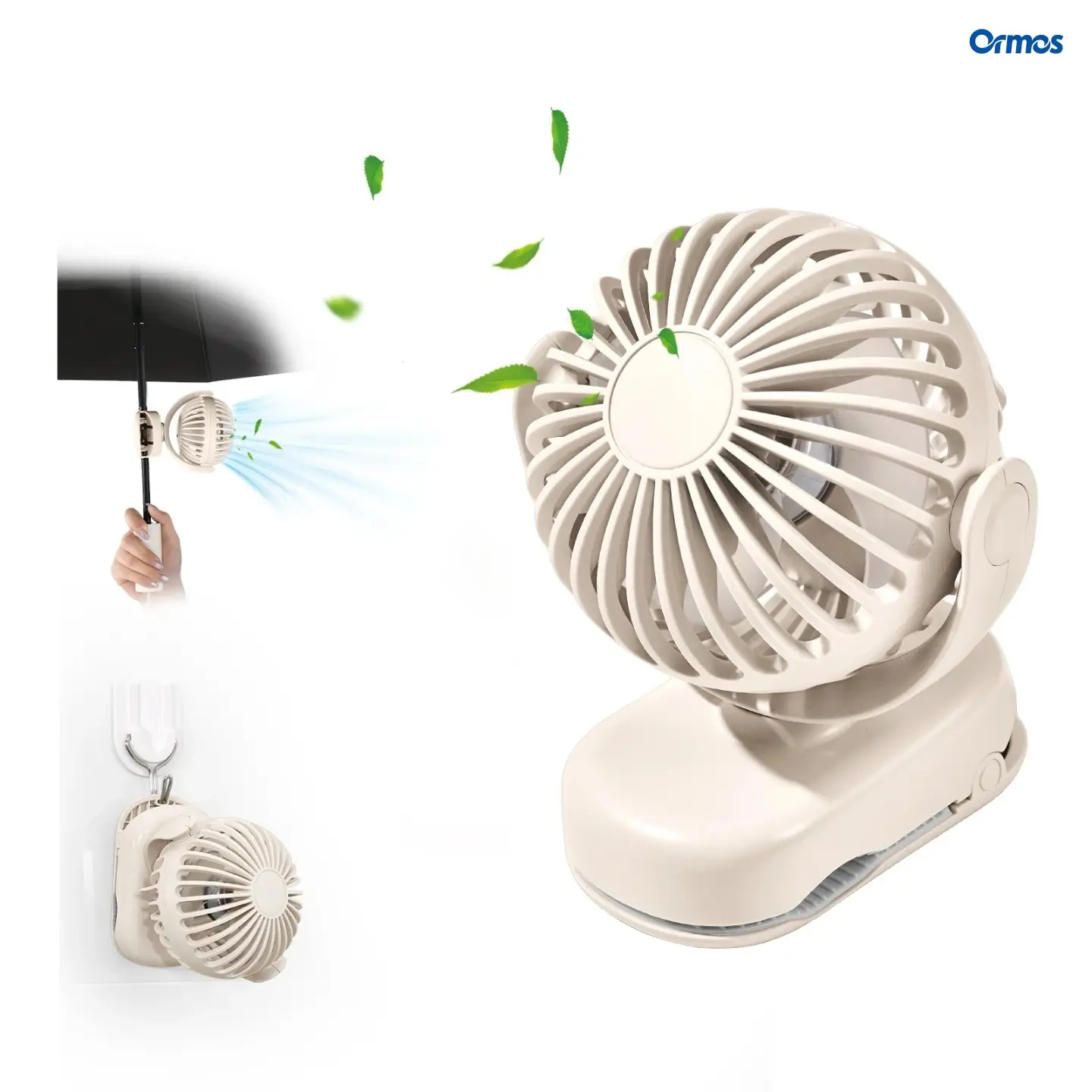 Ormos Stroller Fan with Clip - Portable Rechargeable Mini Fan with Power Clip, 330 Rotatable, 1200mAh Battery and 3 Speeds, Cute Little Personal Desktop Cooler, Portable Cooling Suitable for Bed Pet Carriers Travel Outdoor Home Office Dormitory Kitchen