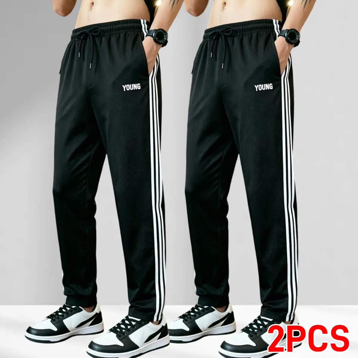 2-Pack Men’s Polyester Casual Pants – Lightweight, breathable fabric with two side pockets and an elastic drawstring waistband; wrinkle-resistant and quick-drying, suitable for travel, office, and weekend wear; all-day comfort and a close fit.