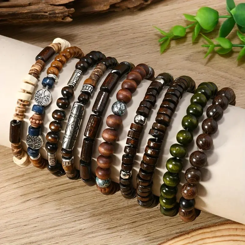 Bohemian Wooden Beaded Bracelet Set for Women, 10-Piece Handcrafted Stackable Jewelry for Couples and Men, Bracelets For Women