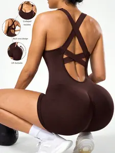 1-pack women's knitted seamless cross-waist U-neck yoga one-piece shorts, smooth and slim fit, suitable for all seasons, comfortable and breathable, suitable for cycling, fitness, running, yoga, sports, fitness and casual wear
