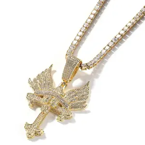 [ICE HUE]18K Gold Vacuum Plated Copper with 5A+ Sri Lanka Zircon Angel Wings Cross Pendant With Necklace Miami Italy Mexico & Micro Inspired for Women & Men Luxury Jewelry,Daily Wear,Casual Fashion,Gift Idea,,Classic,Hip Hop,Simple,Sporty Style