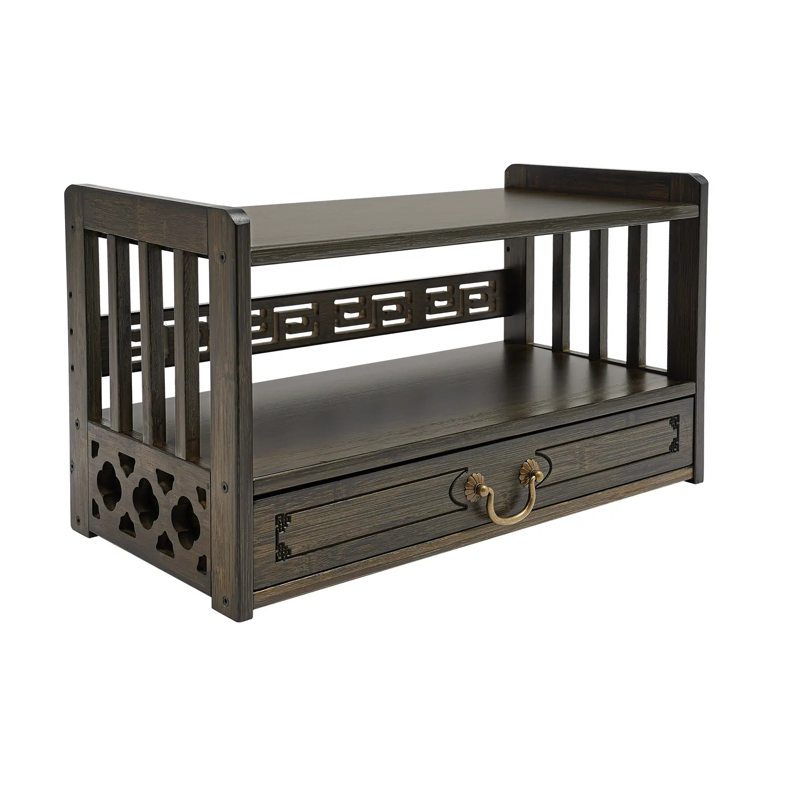 Chinese-style walnut wood color bamboo storage table with fine spray finish and faux antique carvings; three tiers with drawers; supports up to 25 kg; stable construction with hardware fittings; freestanding, assembleable; suitable for home use; Zen-inspi