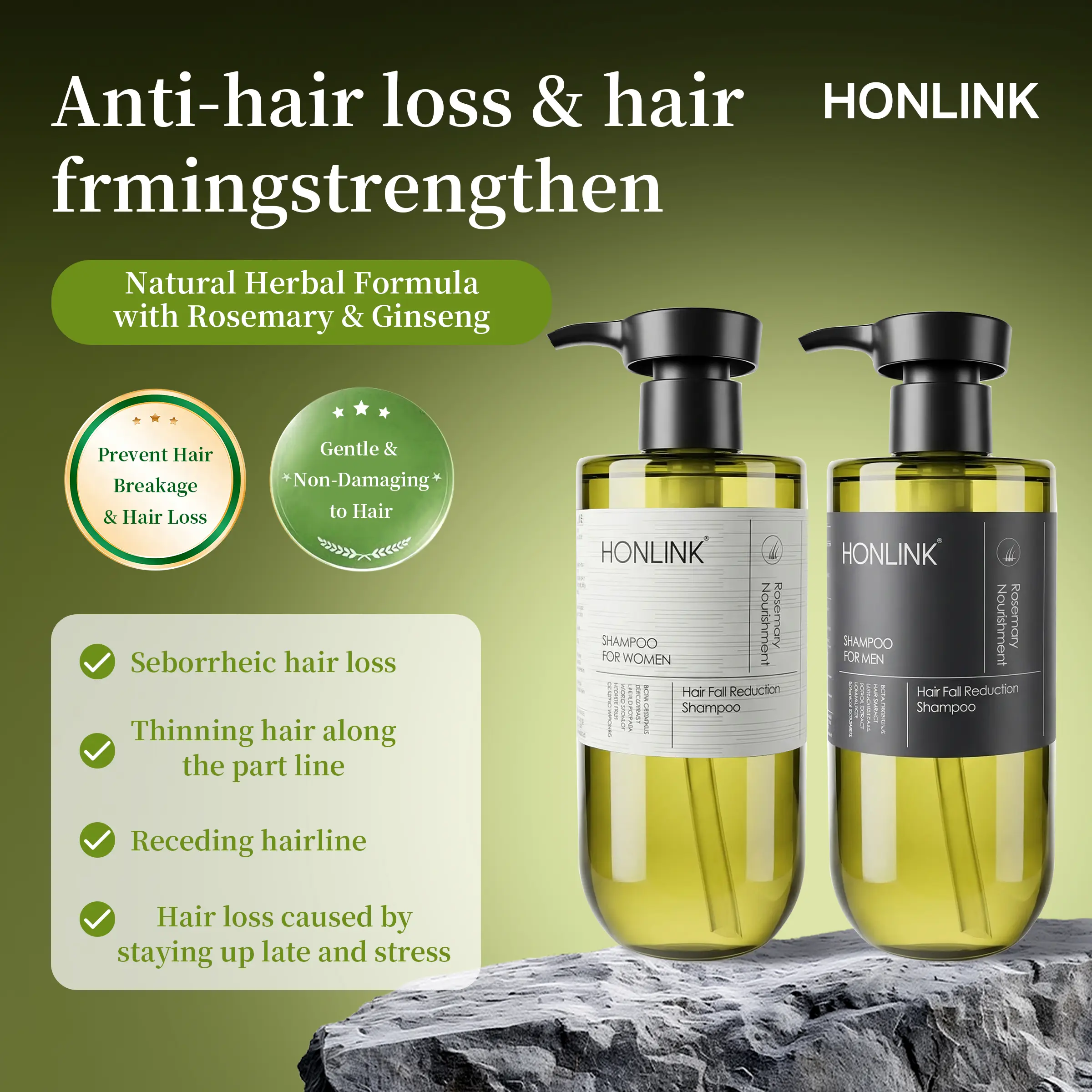 HONLINK Hair Fall Reduction Shampoo 300ml | Anti-Hair Loss Scalp Cleanser with Ginseng, Rosemary & Keratin for Men & Women | Strengthens Hair & Supports Thicker Regrowth