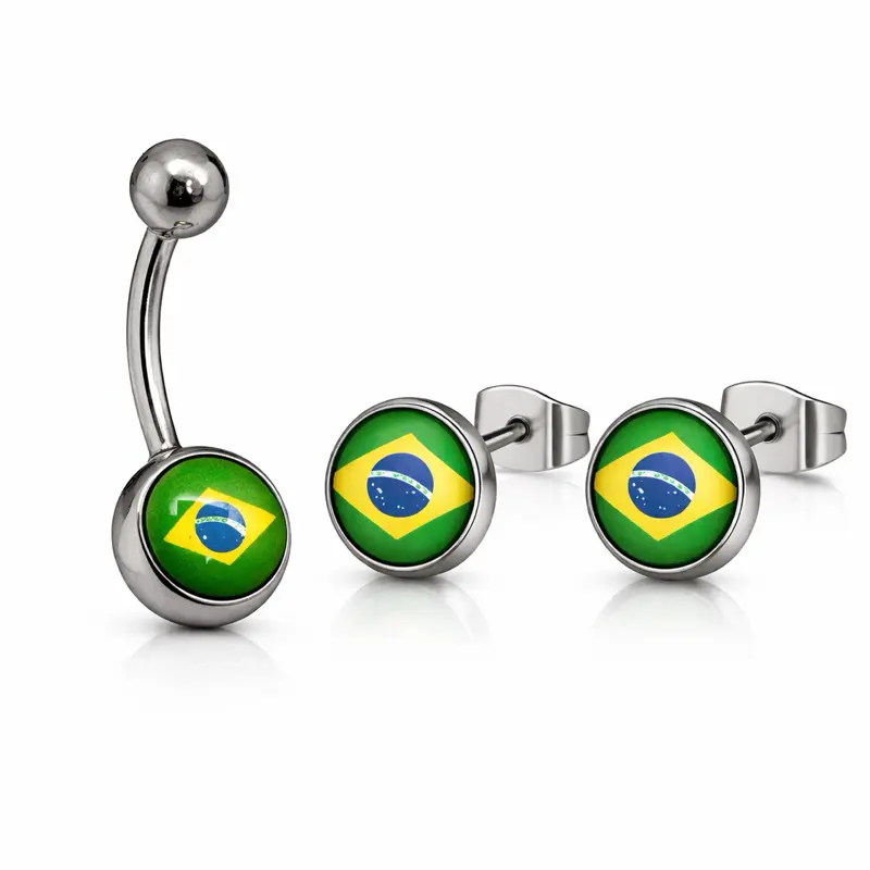 Brazil Flag Combo - Stainless Steel Belly Button Ring & Silver Earrings Set with Flag Design