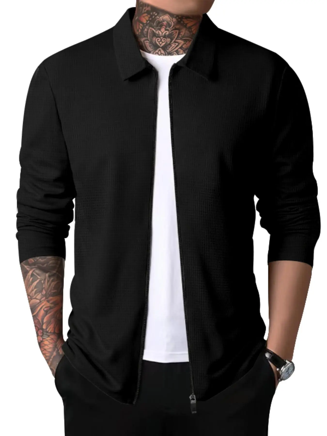 Men's Solid Color Waffle Long-Sleeved Lapel Jacket, Coats, Casual Style Outerwear, Casual Long-Sleeved Neckline Zipper Jacket, Loose, Perfect For Spring, Fall, Everyday Wear, Stylish Men's Clothing, Durable Comfortable Material