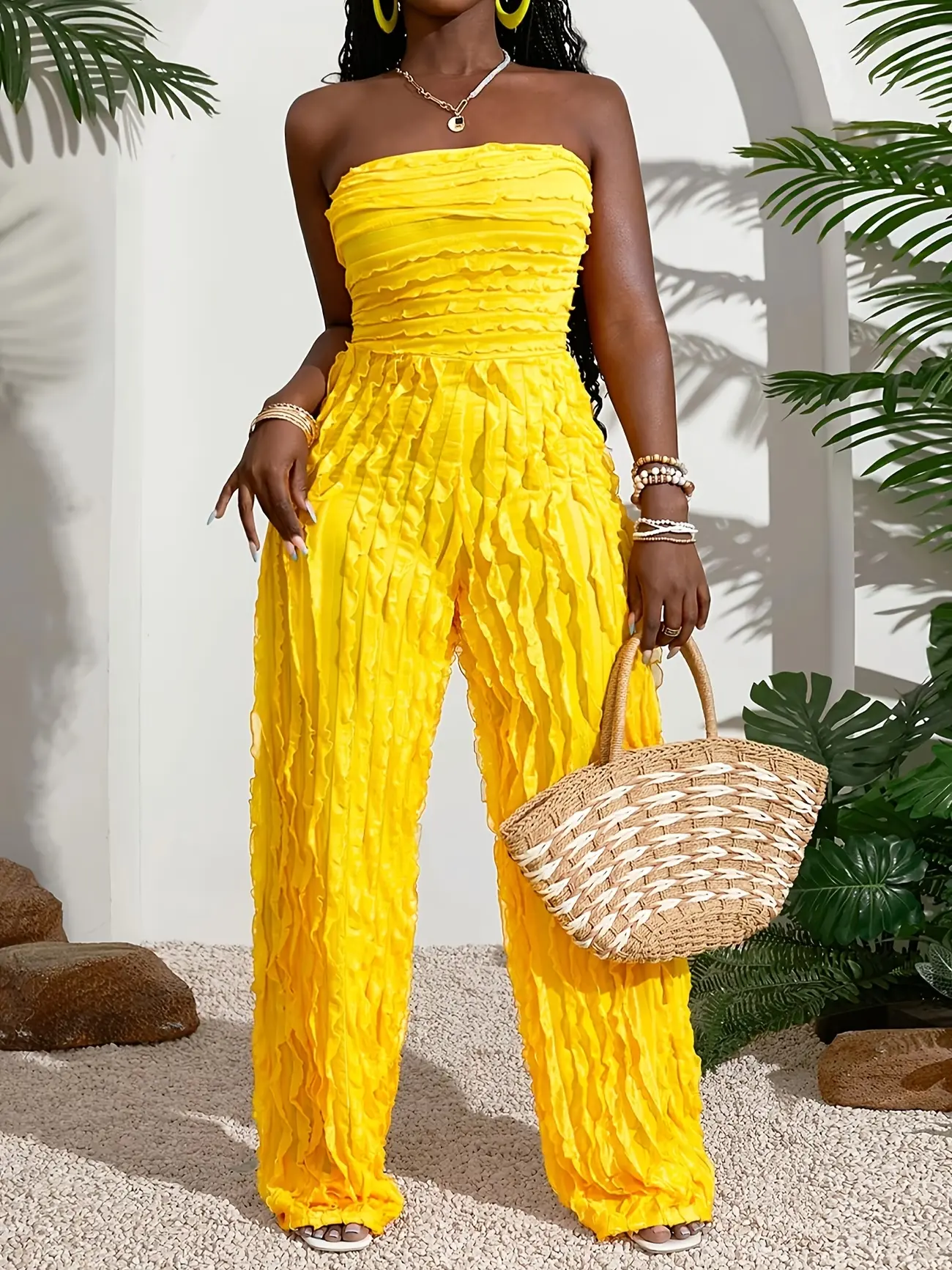 Women's Basic Casual Comfy Jumpsuit - Sleeveless Polyester Lady Overalls, Formal Yellow Style Overalls Jumpsuit, Summer New Arrival Womenswear 1-Piece Suit, Fashion, Fashion Apparel, Off Shoulder, Holiday, Below The Ankle, Plain, Chic, Ankle-Length, Cold