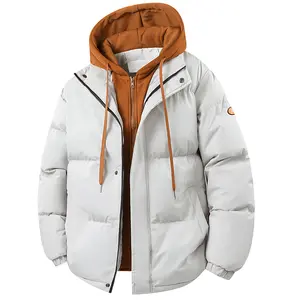 Men's Tan Down Jacket with Colorblock Lining & Hooded Design for Enhanced Warmth in Winter Outdoor Activities