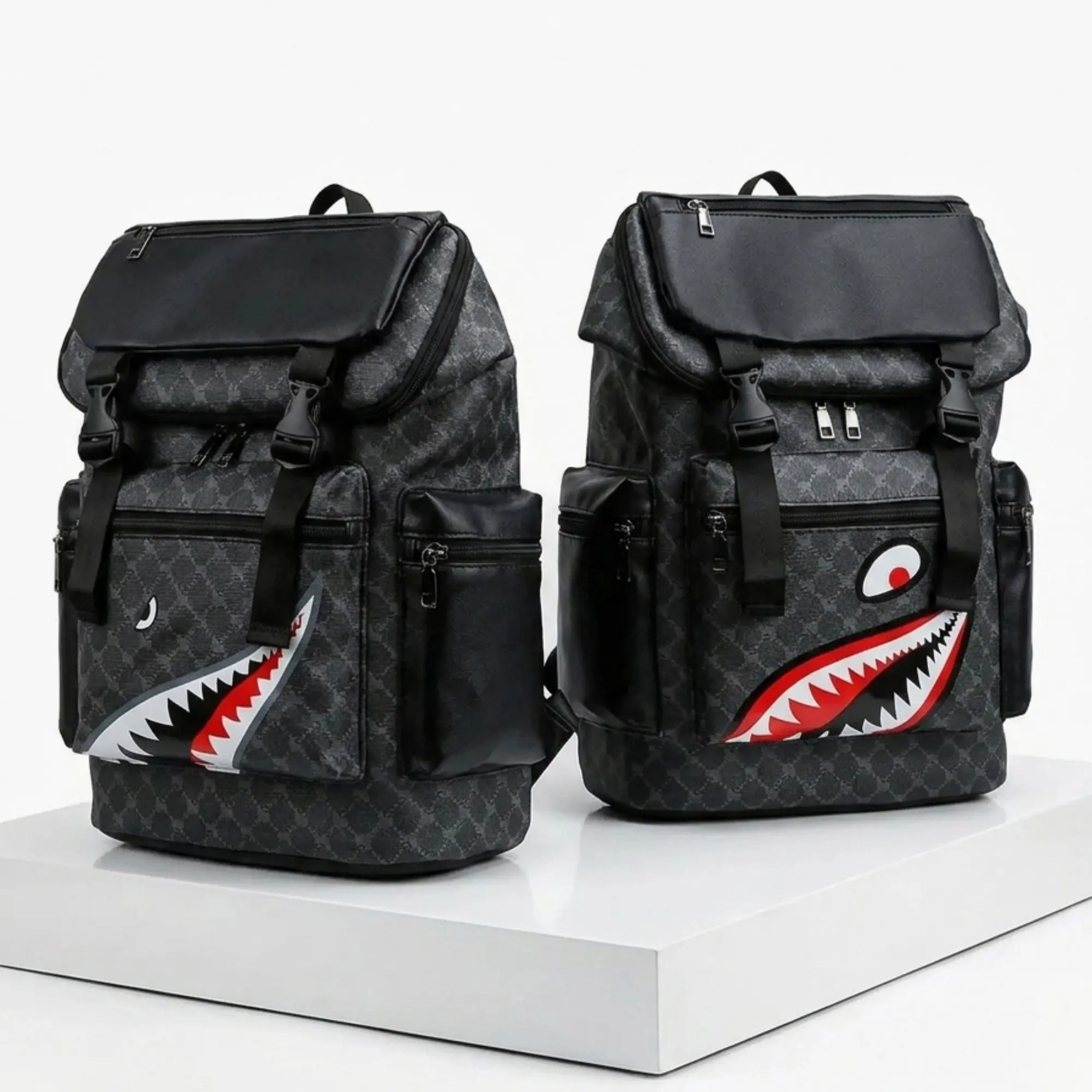Shark Mouth Backpack PU Leather Laptop Bag for College Travel Dry Clean Unisex Multi-Functional Large Capacity Youth