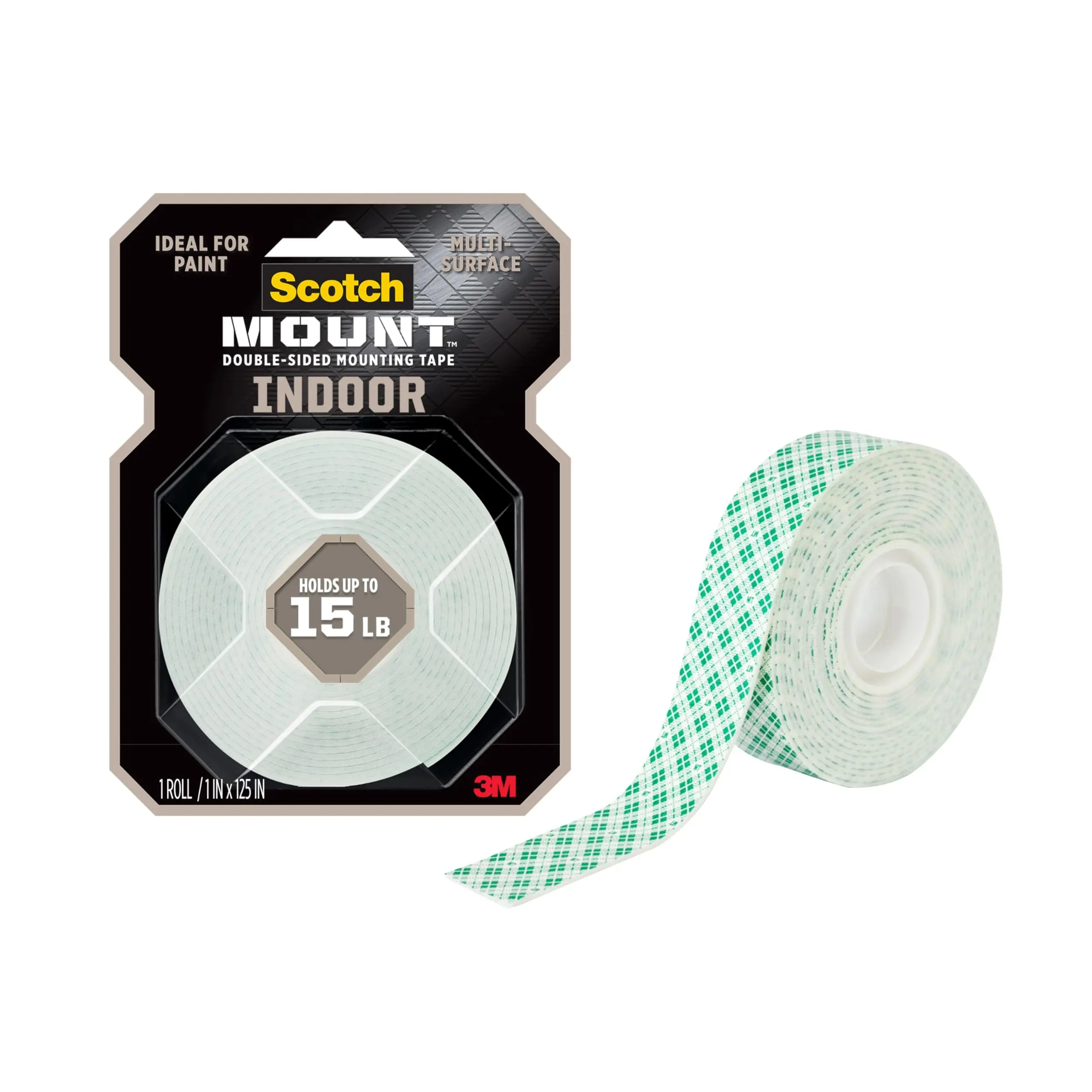 Indoor Double-Sided Mounting Tape, White, 1 Roll | 1 in x 125 in, Holds up to 15 lb, MULTI-SURFACE USE (314H-MED)