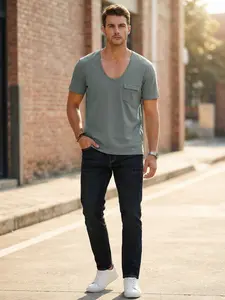 [Sorona Tech] 200g Heavyweight Men's Deep V-Neck T-Shirt: Sorona Fabric, Highly Stretchable, Durable, Opaque, with Pocket Design, Short Sleeve clothes pumpkin patch outfit