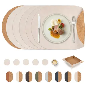 Promattoo Vintage Cork-look design Faux Leather Placemats Set of 6，4 - Stylish, Waterproof, Heat-Resistant Dining Table Decor with Coasters & Foldable Tray, Double-Sided Non-Slip, Easy-Clean Mother's Gift for Home Tableware,summervibes Woodcoasters father