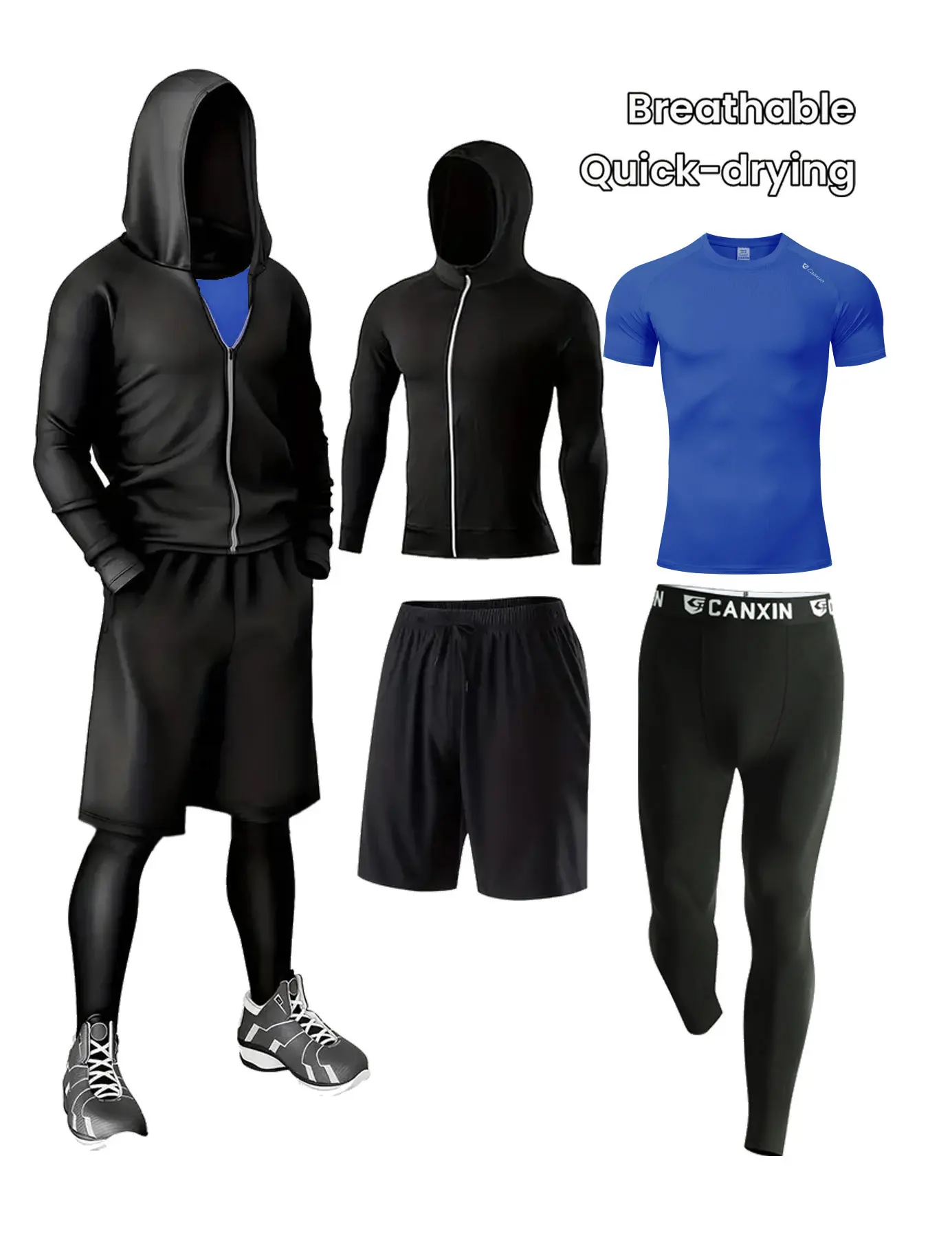 Men's 4 Piece Sports Set, Breathable Mesh Long Sleeve Top, Quick-Dry Tight Pants & Drawstring Shorts, Reflective Print, Gym Running Basketball, Athletic Sports Clothing