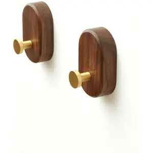 Wood Coat Hooks Wall Mount - Modern Walnut Coat Hook with Bronze Accent for Hanging Clothes,Keys,Purse,Robes,Towel,Backpacks, Single Brass Wall Hooks Heavy Duty for Entryway, Closet, Bathroom (2 Pack)