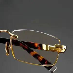 Men's Fashion Glasses, Stylish Rimless Square Metal Frame Eyewear - 2pcs Business Glasses, Resin Lens, 1.0 to 4.0 Prescription Strength, Stylish Glasses