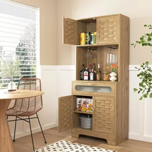 67-in Tall Freestanding Pantry Buffet Cabinet - Storage Furniture with Handle & Stylish Design, Versatile Hutch Cupboard for Home Kitchen, Wine Glasses Display Liquor Bar for Dining Room