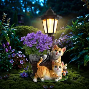 Solar Cat Garden Statues Outdoor, Cute Cat Figurines Flowerpot Decor with Solar Powered Light for Yard Art Lawn Ornaments Porch Patio (No artificial flowers)