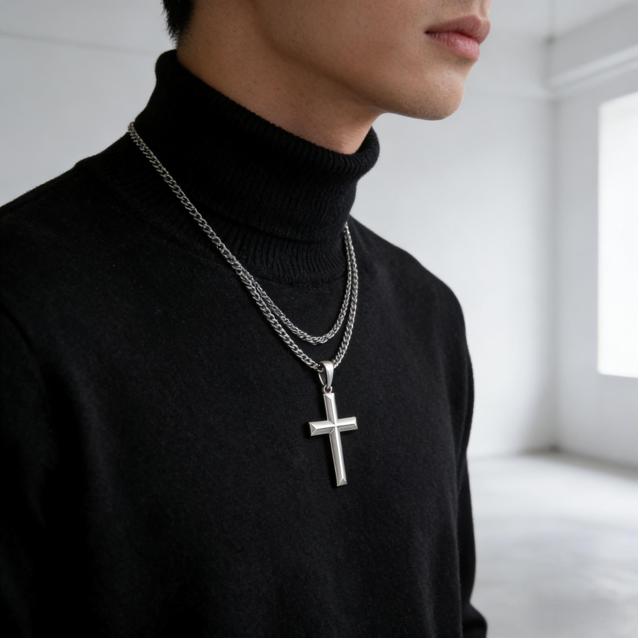 Stainless Steel Cross Pendant Necklace with Cuban Link Chain,50CM Polished Faceted Cross Necklace for Men Women,Designed for daily wear, hypoallergenic, oxidation-resistant, rust-proof and waterproof – durable, stylish and easy to layer.