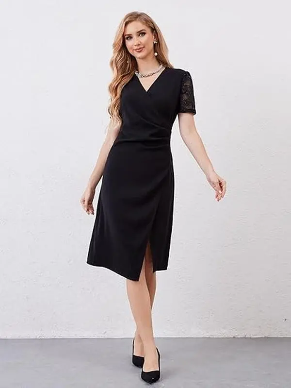 M.Infisavo Women's Chic Ruched V-Neck Cocktail Dress with Sequin Lace Sleeves, Knee-Length Business Sheath with Back Zipper, Cocktails, Fabric, Lightweight, Shortsleeve, Comfortable