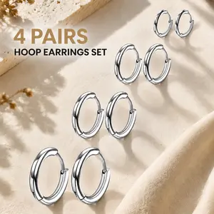 4 Pairs 316L Surgical Steel Hoop Earrings Set Hypoallergenic Small Hoop Earrings 8mm 10mm 12mm 14mm Cartilage Earrings for Men Women Daily Piercing Jewelry Silver