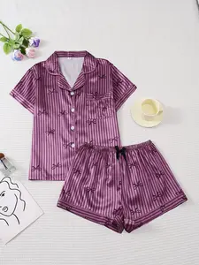 Women's Bow Stripe Printed Pyjama Set, Pajamas, Casual Short Sleeve Shirt & Loose Shorts, Soft Top & Comfortable Homewear, Loungewear, Nightwear