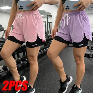 Women's 2-Pack Plain Mid Waist Activewear Shorts - Summer Quick-Dry, Breathable Athlete Bottoms with Tummy Control, Split, Short, Streetwear Designs for Running, Casual Use, Short Shorts