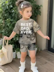 Vintage graffiti fatherly love set digital print 100% polyester baby short-sleeve set, cute casual clothing for baby girls, Casual Outfit Set, suitable for daily and outdoor sports T-shirts, perfect gift for infants and toddlers, Casual Fashion Set