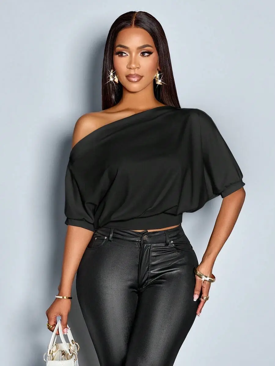 Women's Solid Asymmetrical Neck Ruched Shoulder Tee – Stylish Casual Top