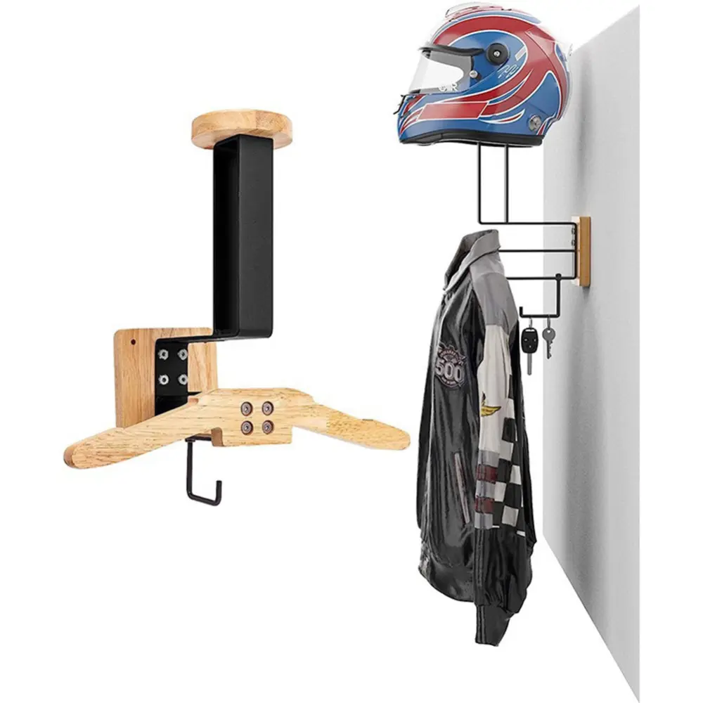 2-Tier Wooden-Iron Tactical Equipment Organizer, Wall-Mountable Unit with Solid Timber Base, Police Gear Hanger, Motorcycle Helmet Storage Rack (Round Installation Design)