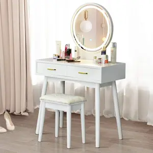Vanity Set with Touch Screen Dimming Lighted Mirror, 3 Color Lighting Modes, Modern Bedroom Makeup Dressing Table with 2 Sliding Drawers and Cushioned Stool for Girls Women (White)Nordic dressing table net red ins style storage cabinet integrated bedroom