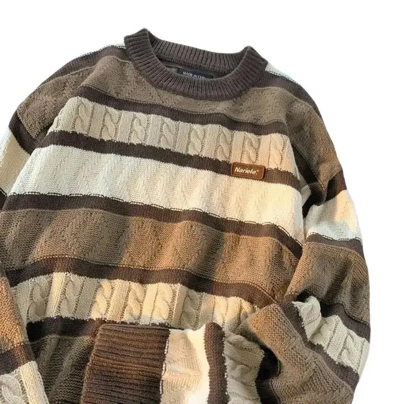 Men's sweater Japanese Vintage Sweater Men's Autumn Winter Trendy Idle Style Twist Color Blocking Stripe Knitted Top Couple Cashmere Shirt new autumn-winter Contrast Color Men's Knitted Sweater fall knit
