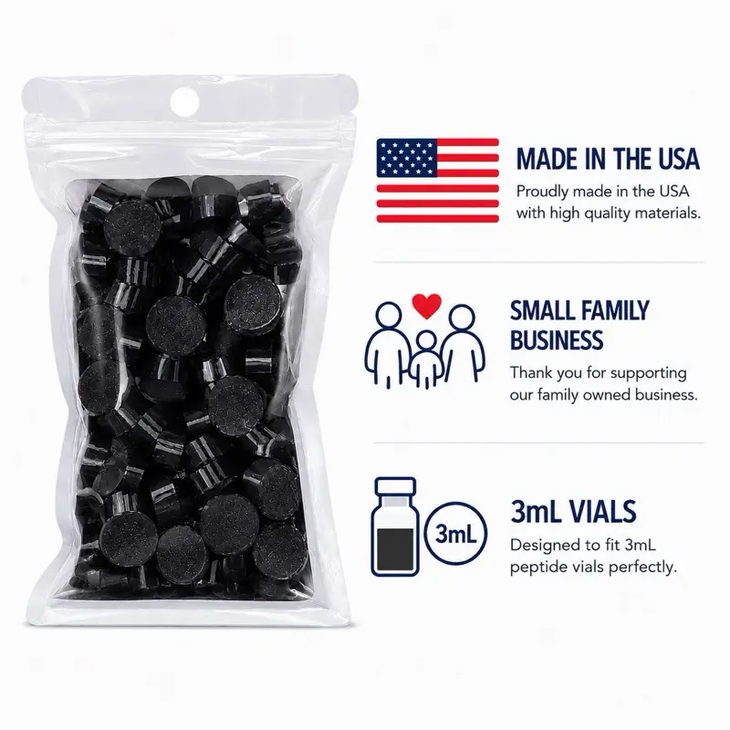 100 3mL Vial Caps in Black. Flexible Vial Caps- Fridge and Freezer Safe.