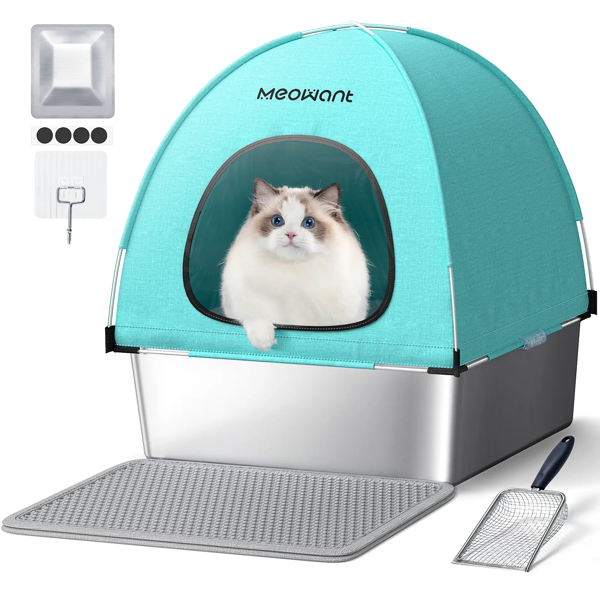 Meowant 3-in-1 Stainless Steel Cat Litter Box Large Splash-Proof Odor-Resistant Detachable Cover Eco-Friendly Blue-Green Design with Oxford Fabric Cov